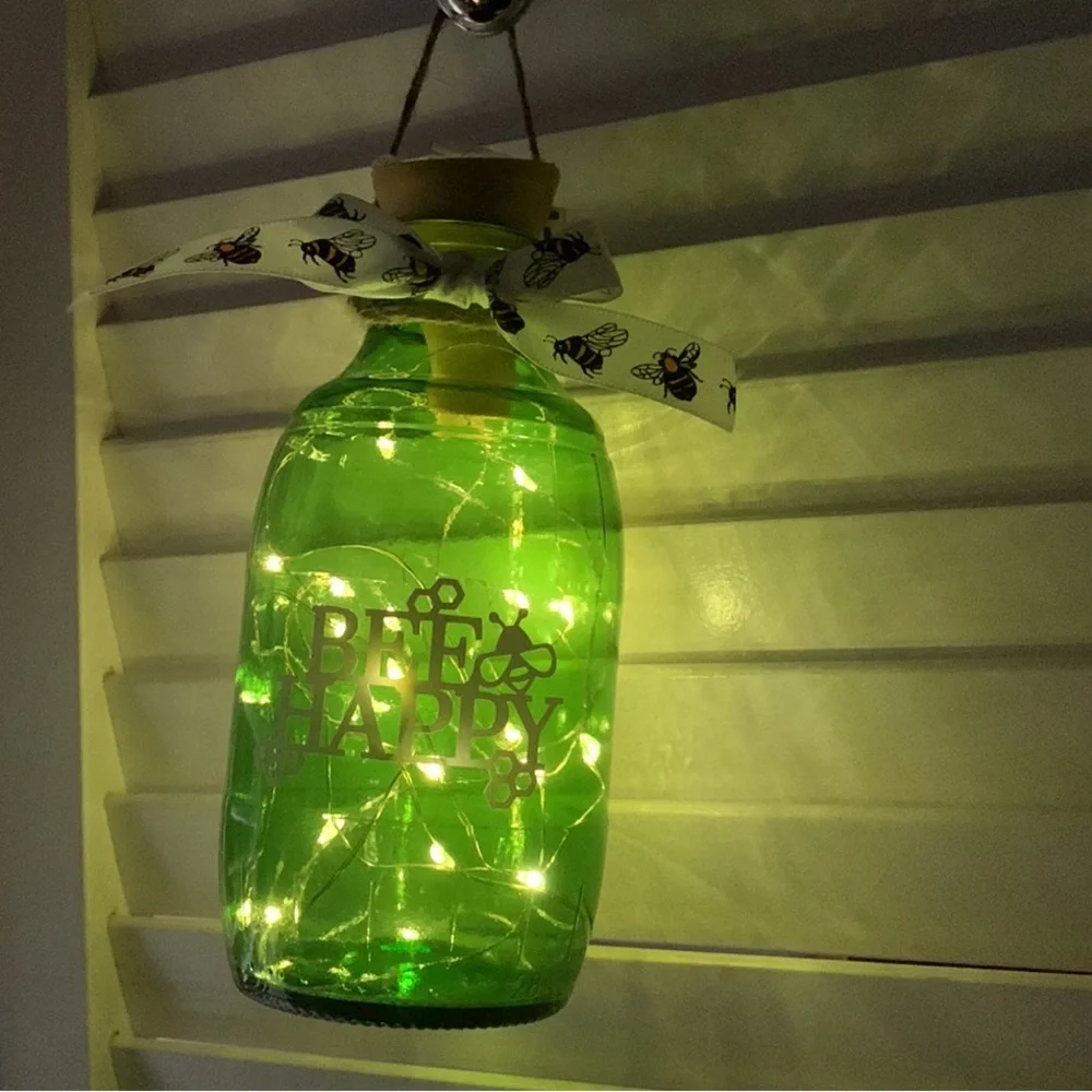 Hand Crafted- ‘Bee Happy’ Green Barrel Lantern